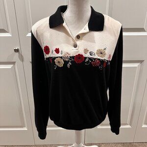 Alfred Dunner Size Medium long sleeve polo collar knit shirt embroidery black